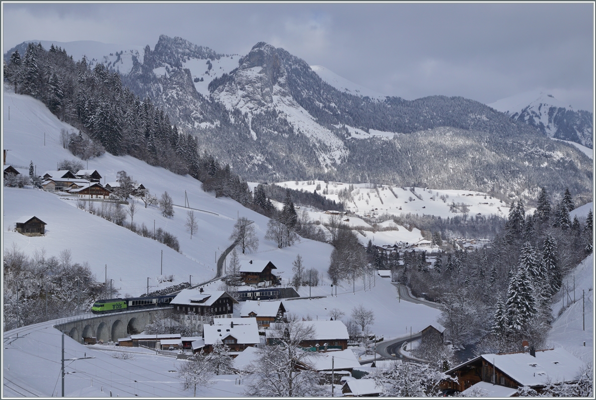 The BLS Re 465 001 with the GoldenPass Express 4068 on the way from Montreux to Interlaken Ost by Garstatt. 

20.01.2023