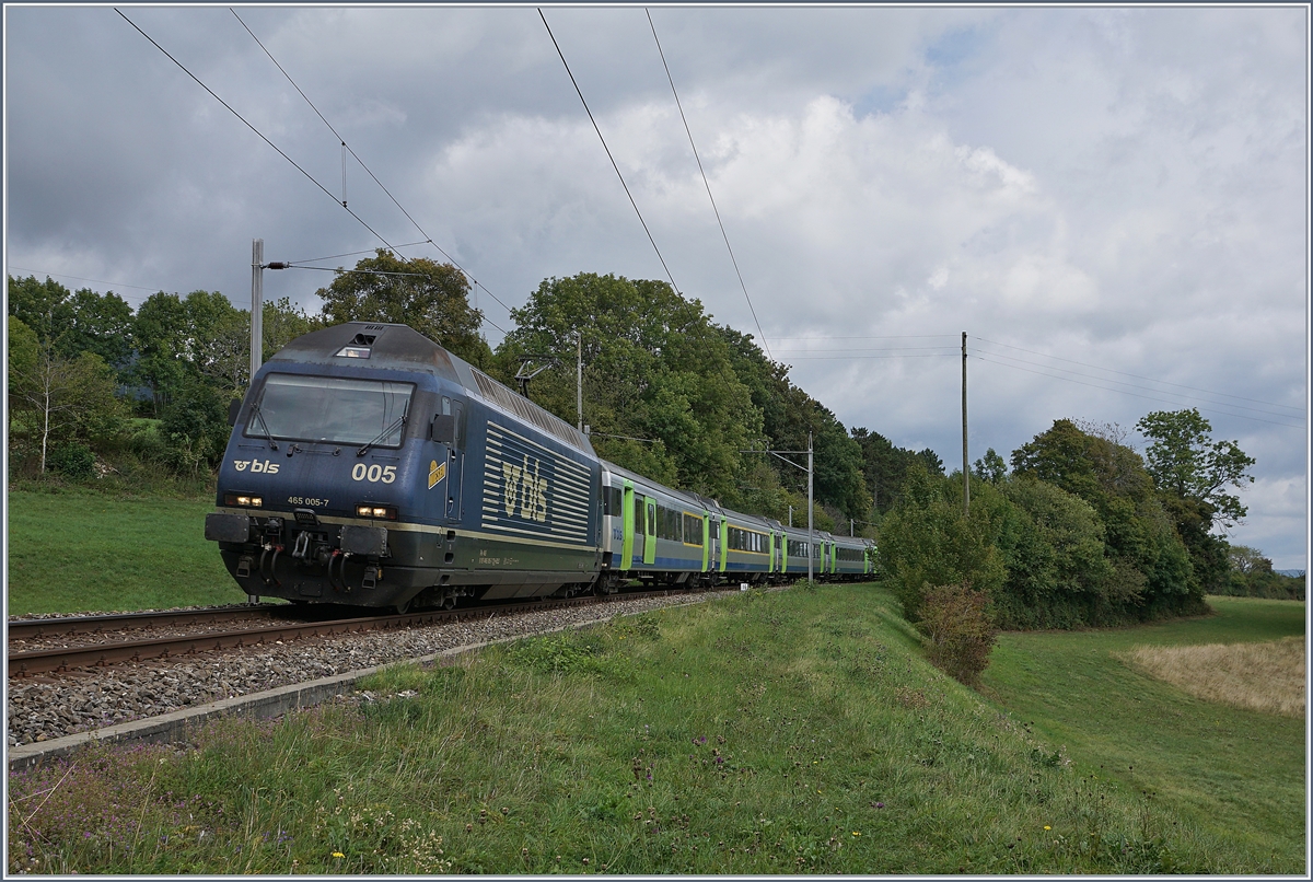 The BLS Re 465 005 with his EW III RE on the way form La Chaux de Fond to Bern near Les Hausts Geneveys. 

03.09.2020