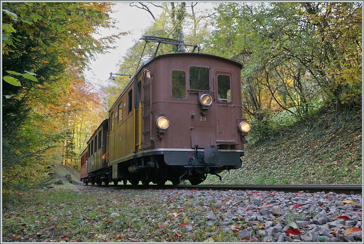 The BOB HGe 3/3 29 by the Blonay-Chamby Railway betwenn Chantemerle and Vers-Ches Robert in the wood. 

25.10.2020