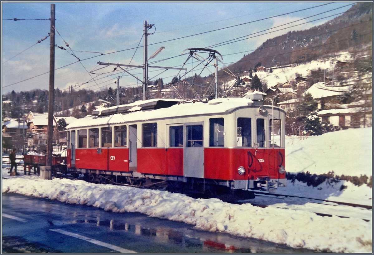 The CEV BDe 4/4 105 in Blonay.

Analog Picture from the Winter 1986