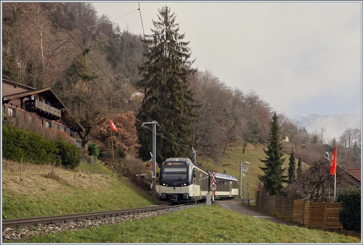 The CEV MVR ABeh 2/6 7501  Saint-Légier-La-Chiesaz  is a regional train shortly before Chernex on the way from Les Avants to Montreux.

Dec 17, 2023