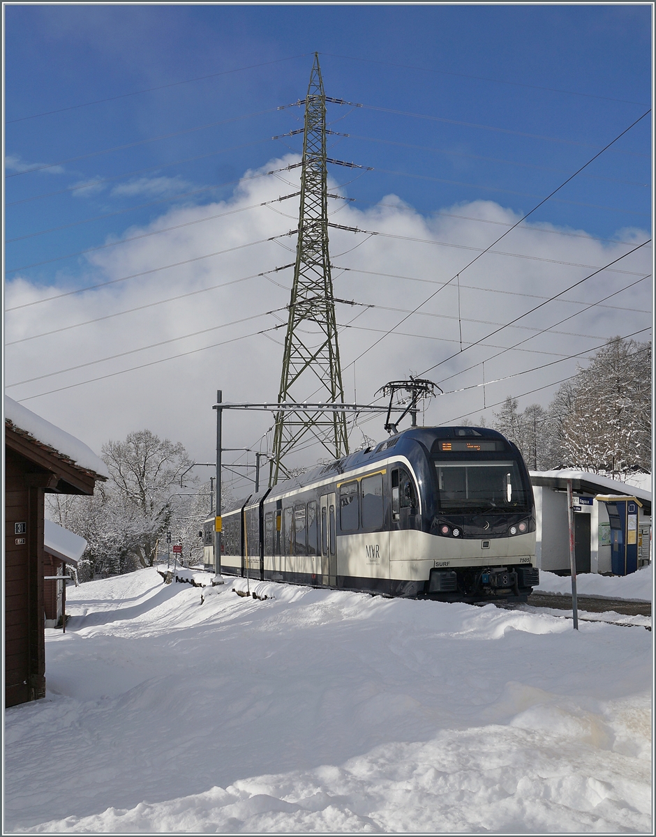 The CEV MVR SURF ABeh 2/6 7505 by the Station Fayaux on the way from the Les Pléiades to Vevey. 

18.01.2021