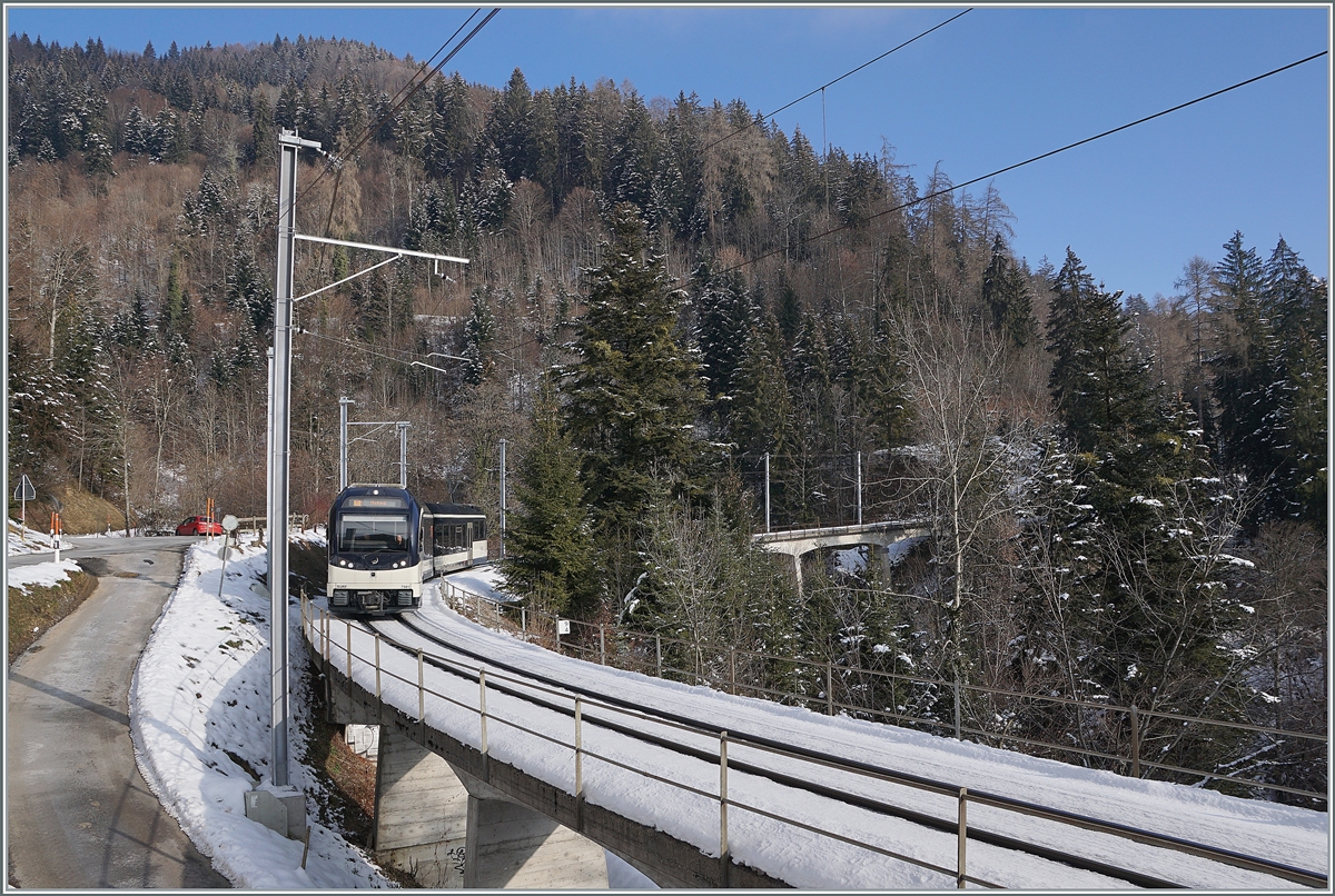 The CEV MVR SURF ABeh 2/6 7501 on the 93 meter long Pont Gardiol by the Bois des Chnaux near Les Avants on the way to Montreux. 

10.01.2021
