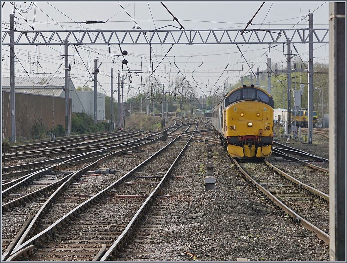 The Class 37 (37403) is arriving wiht a Northern Service from Barrow in Carlisle. 
27.04.2018