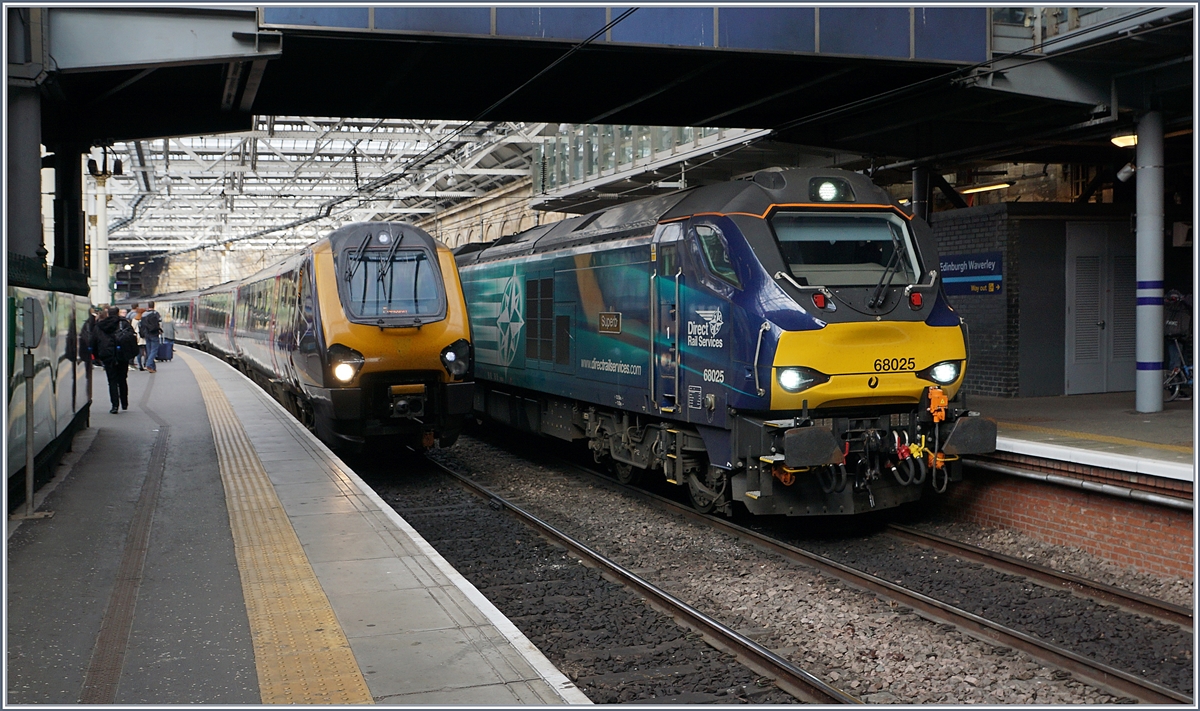 The DRS Direct Rail Services Calss 68 (68 025) and a Country Cross Class 220/221 in Edinburgh Waverley.
03.05.2017