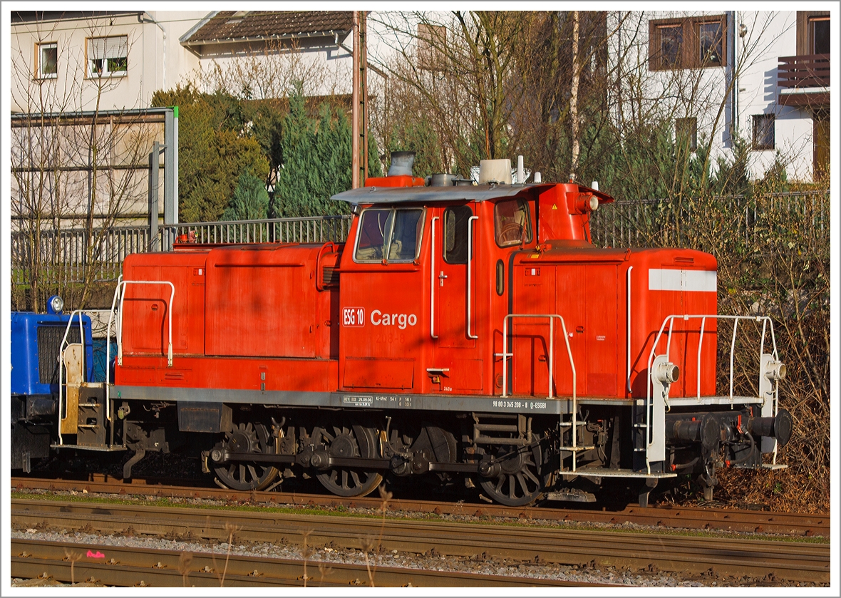 The ESG 10 (365 208-8) of the ESG Railway Service mbH (Vaihingen), ex DB V 60 1208, ex DB 261208-3 and DB 361 208-2, parked on 30/12/2013 in Kreuztal. Photo taken from the road (Hüttenstraße).