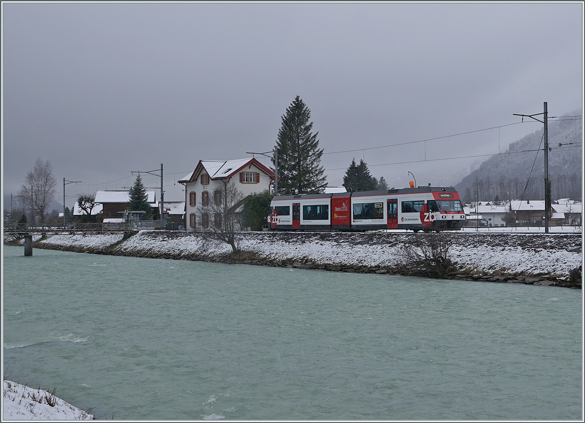 The ex CEV Be 2/6 7004  Montreux, now runs as Be 125 013 on the Zentralbahn and has been stripped of its pleasing blue MIB livery. The GTW leaves the Aareschucht West stop in heavy snowfall.

March 15, 2021