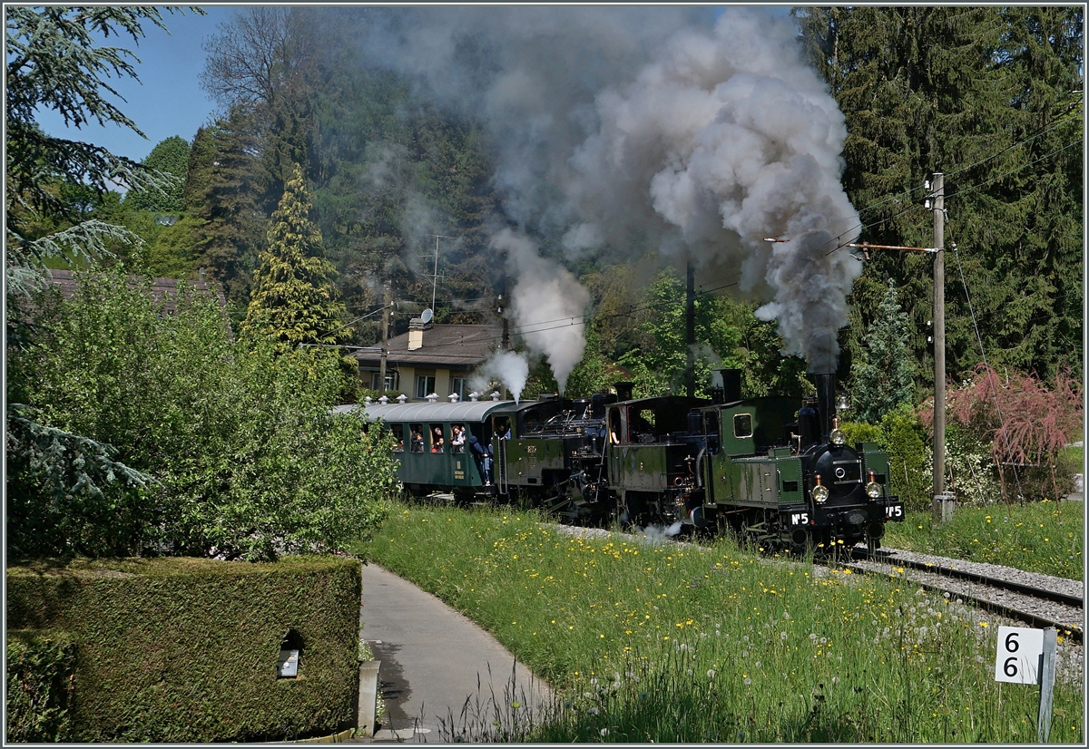 The G 3/3 N° 5 (ex LEB) the G 3/3 ex Brünig/BAM and the GH 3/4 N° 4 ex FO on the way to Chaulin by Blonay. 

16.05.2016