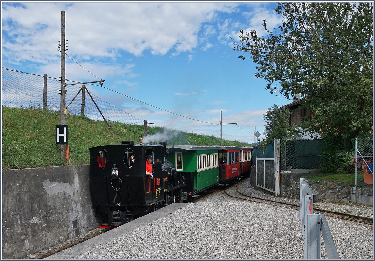 The Little steamer 200-90 is arriving with his long train at the Lustenau  Rhein-Schauen  Station. 

23.09.2018