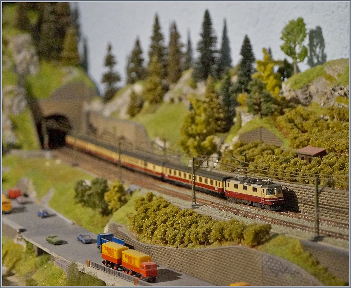 The Märklin mini club SBB Re 4/4 II 11161 with the TEE  Roland  on my Z gauge landscape. 

20.12.2019