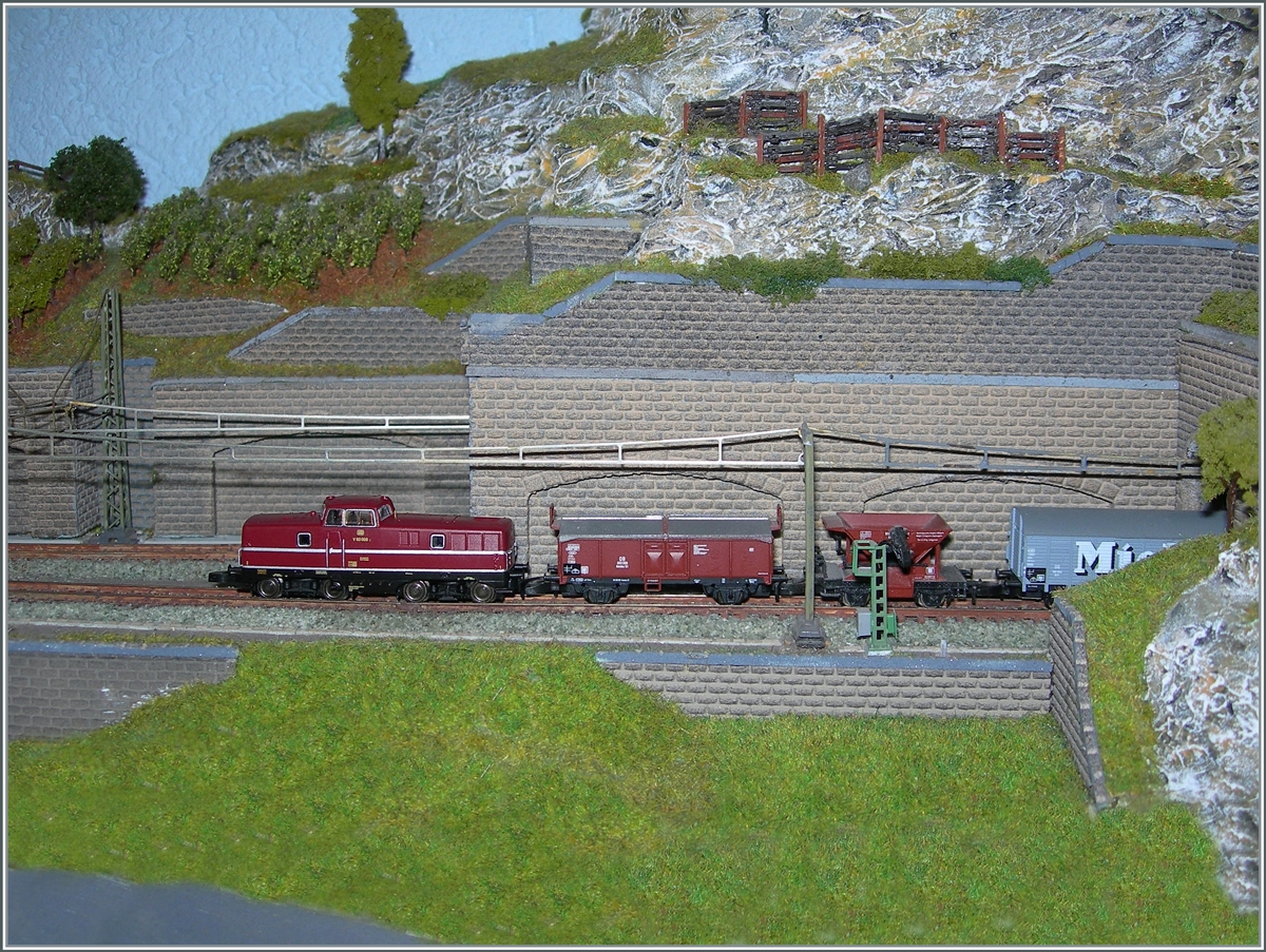 The Märklin Z mini club DB V 80 008 with a gargo train on my Z-Szenerie.

18.11.2020