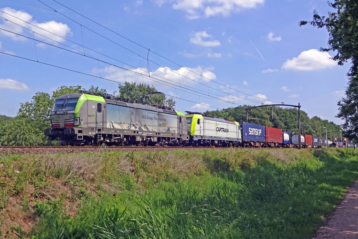 The Melzo intermodal shuttle is operated by BLS Cargo and Caprain as is evident here on 16 July 2019 at Tilburg Oude Warande with BLS 475 401 leading a CT 186.