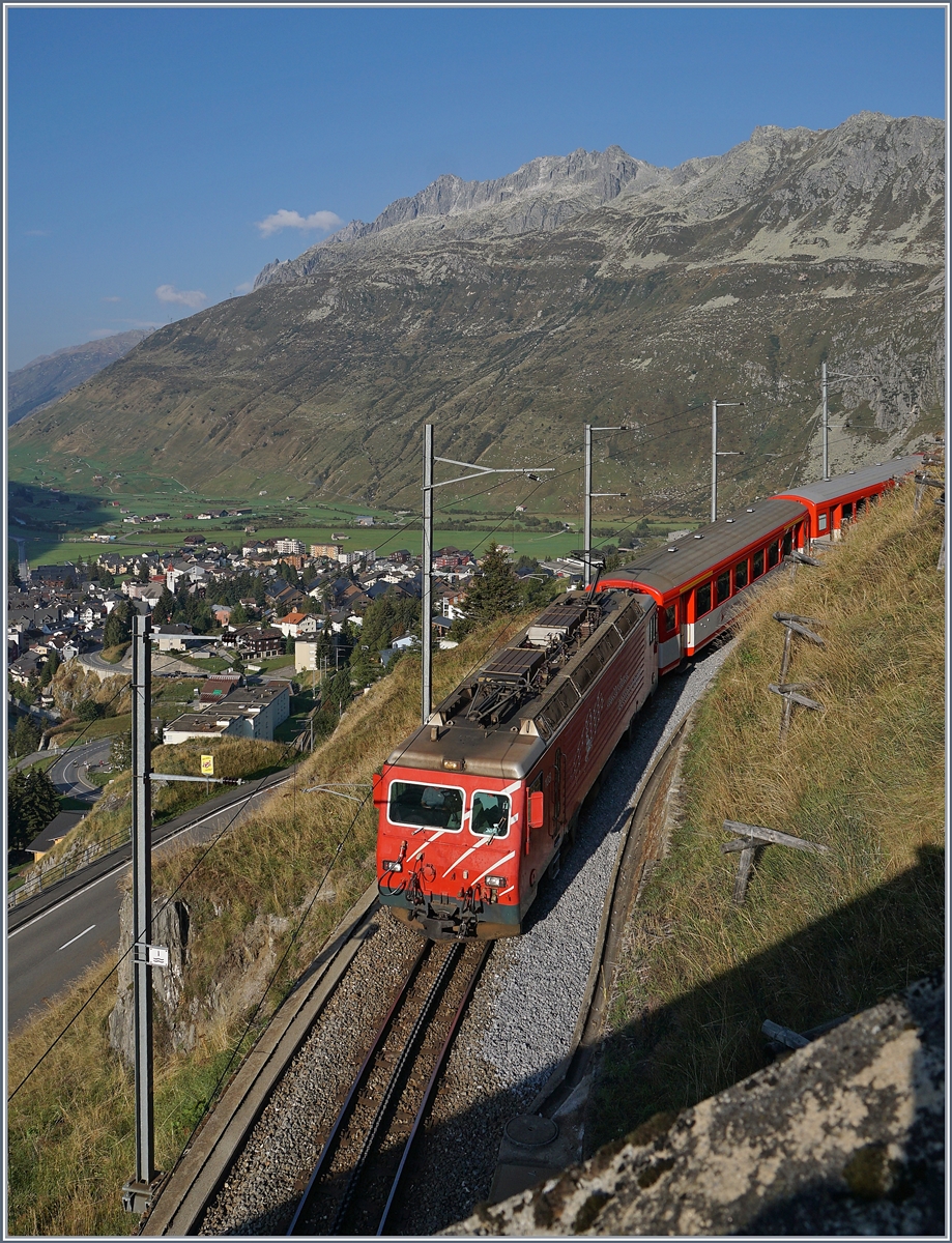 The MGB HGe 4/4 II N° 108 with his local train over Andermatt.

17.09.2020