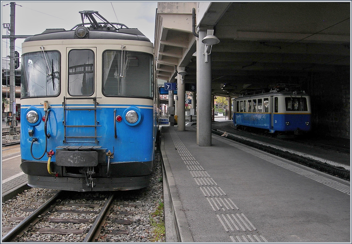 The MOB ABDe 8/8 4004  Fribourg  and the Rochers de Naye Bhe 2/4 in Montreux.
16.04.2017