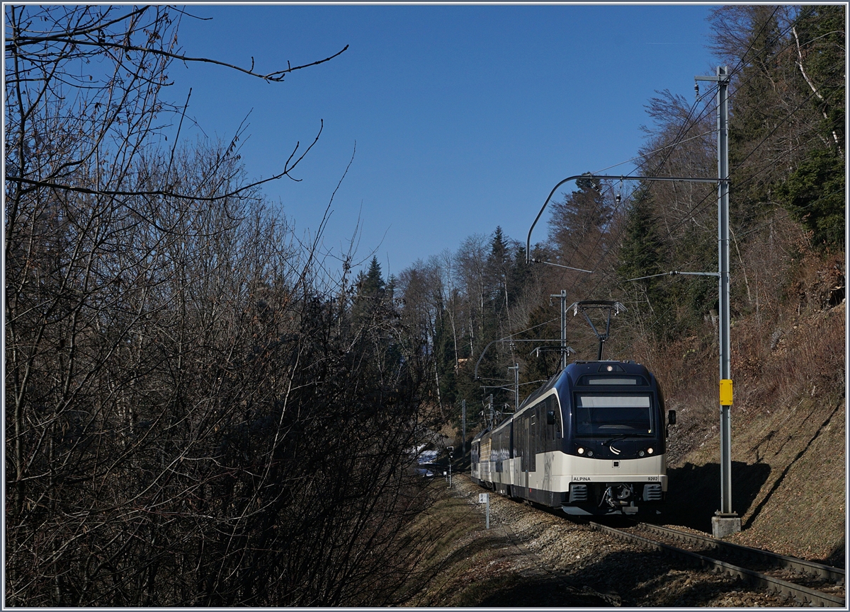 The MOB Alpina Be 9202 with a local train from Montreux to Zweisimmen by Sonzier. 

15.02.2015