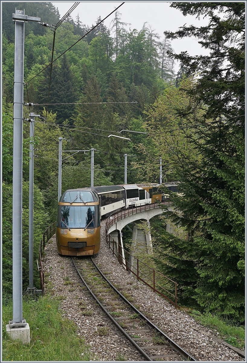 The MOB GDe 4/4 6006 with his GoldenPass service on the way from Montreux to Zweisimmen between Sendy-Sollard and Les Avants.

16.05.2020