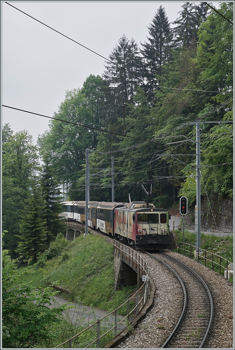 The MOB GDe 4/4 6006 with his GoldenPass service on the way from Montreux to Zweisimmen between Sendy-Sollard and Les Avants. 

16.05.2020