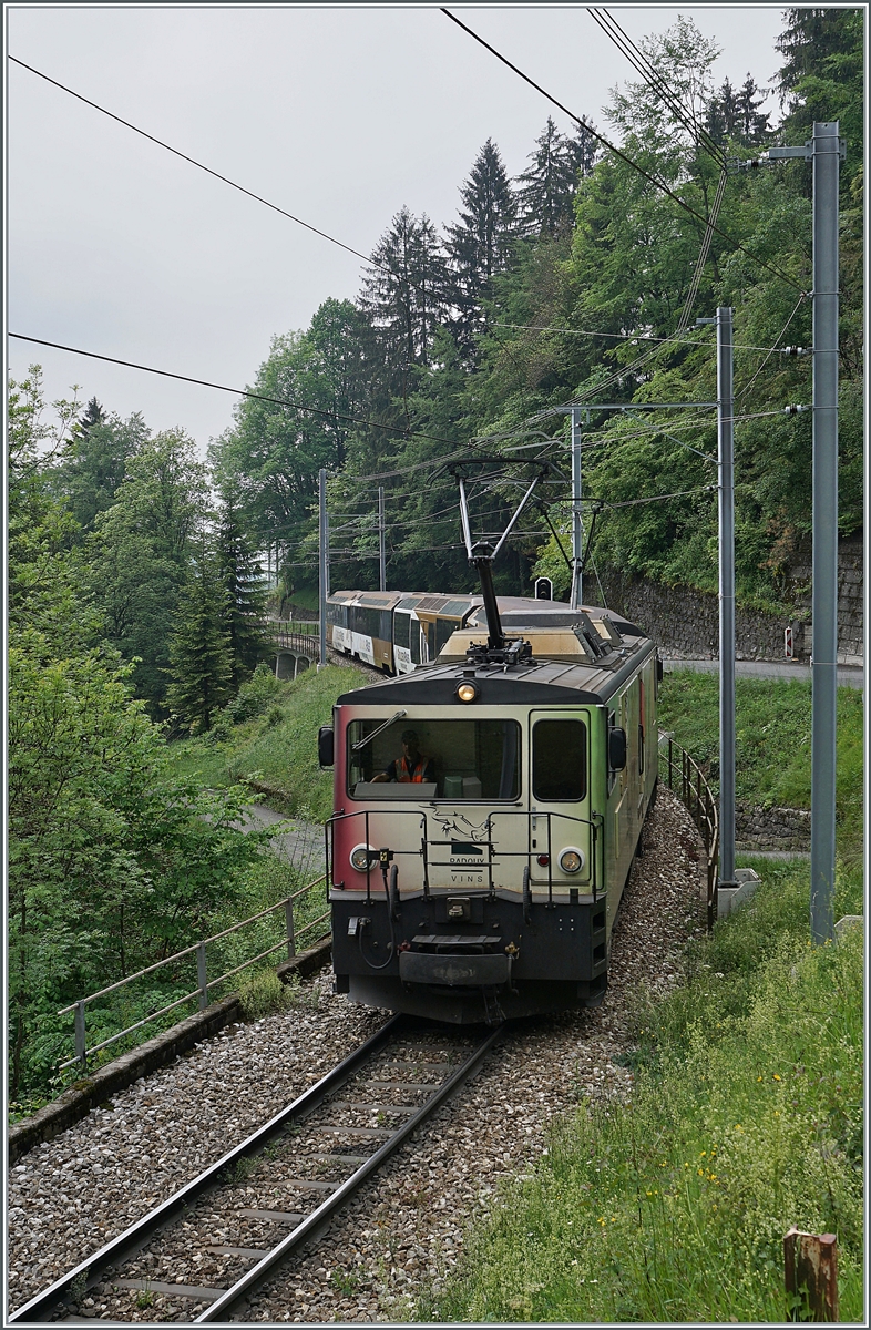 The MOB GDe 4/4 6006 wiht his Golden Pass Panroamique Express between Les Avants and Sendy-Sollard on the way to Zweisimmen. 

16.05.2020