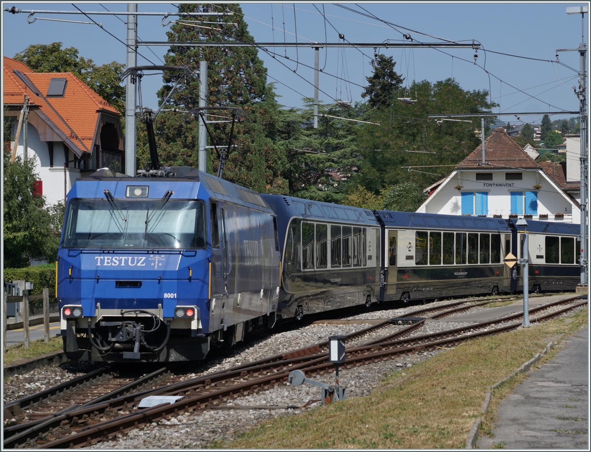 The MOB Ge 4/4 8001 with GoldenPass Express GPX 4065 on the way from Interlaken Ost to Montreux in Fontanivent. 

24.08.2023