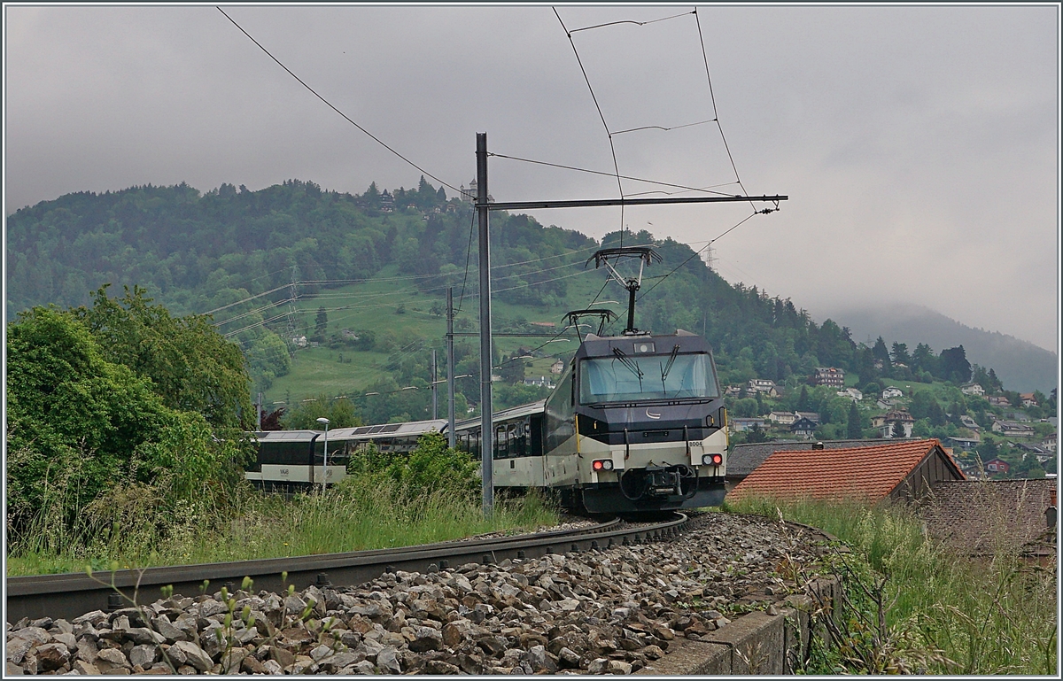 The MOB Ge 4/4 8004 with his GoldenPass service on the way from Montreux to Zweisimmen by Sonzier. 

16.05.2020