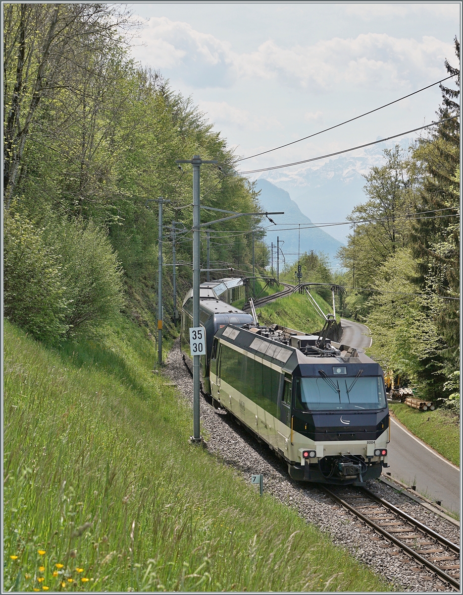 The MOB Ge 4/4 8004 with GPX from Zweisimmen to Montreux by Chamby. 

06.05.2023