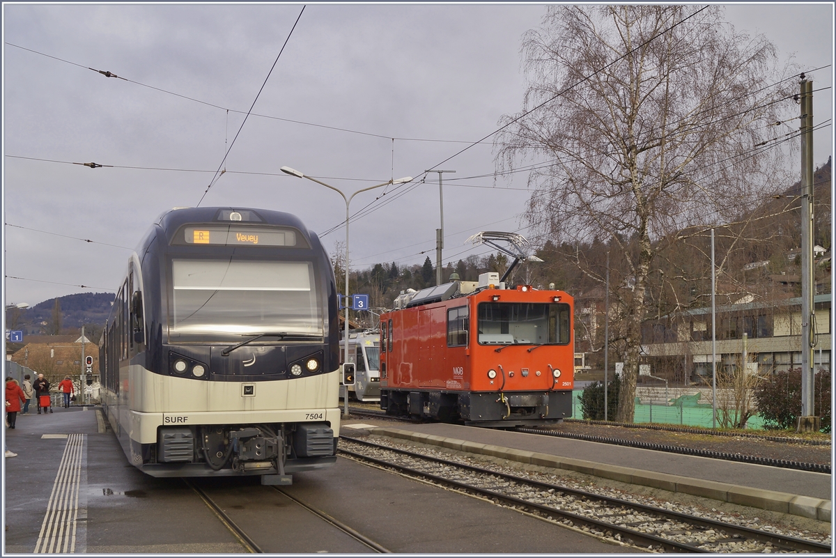 The MOB HGem 2/2 2501 by Test-Runs in Blonay and on the left the CEV MVR ABeh 2/6 7504. 31.01.2020