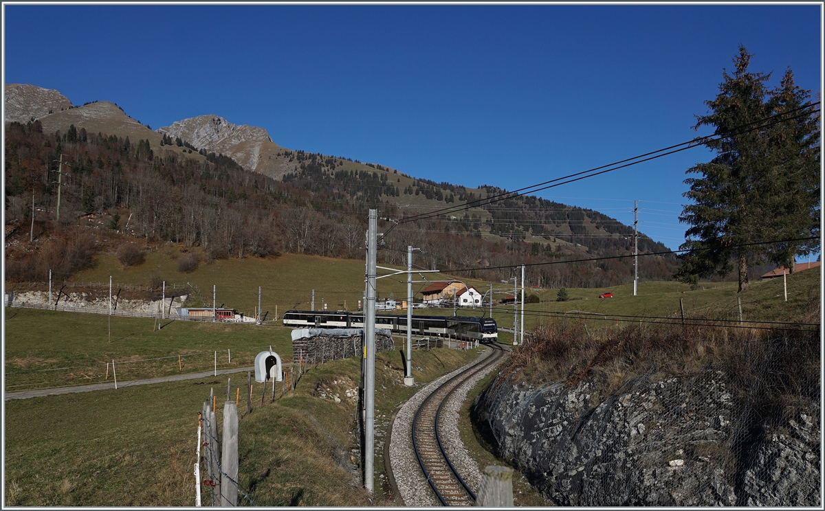 The MOB local train 2213 on the way from Zweisimmen to Montreux by Les Sciernes. 

26.11.2020