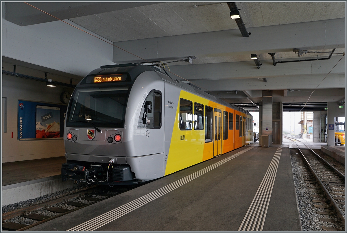 The new BLM Be 4/6 102  Mönch  is waiting in Mürren for the departure to Grütschalp. 
July 23, 2024