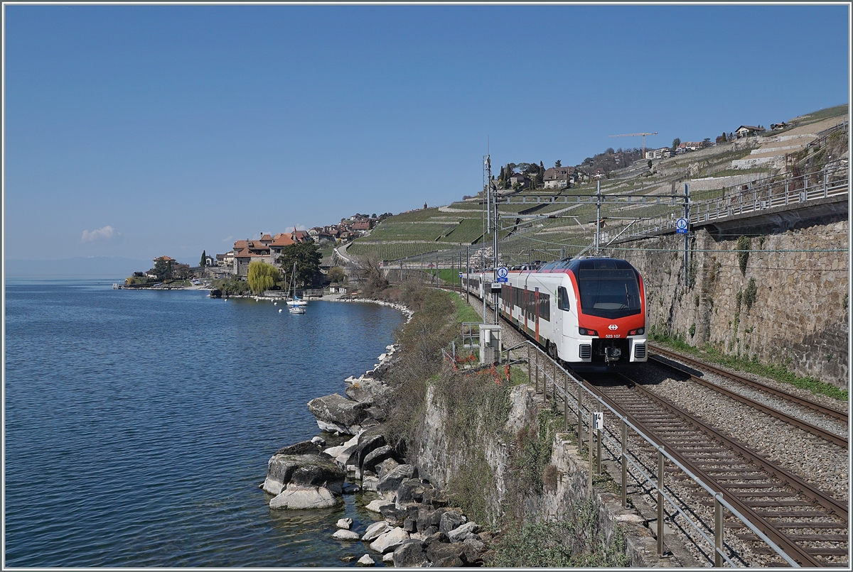 The new SBB Flirt 3 SBB Flirt 3 RABe 523 109 und 107 on the way to Vallorbe by Rivaz.
 01.04.2021