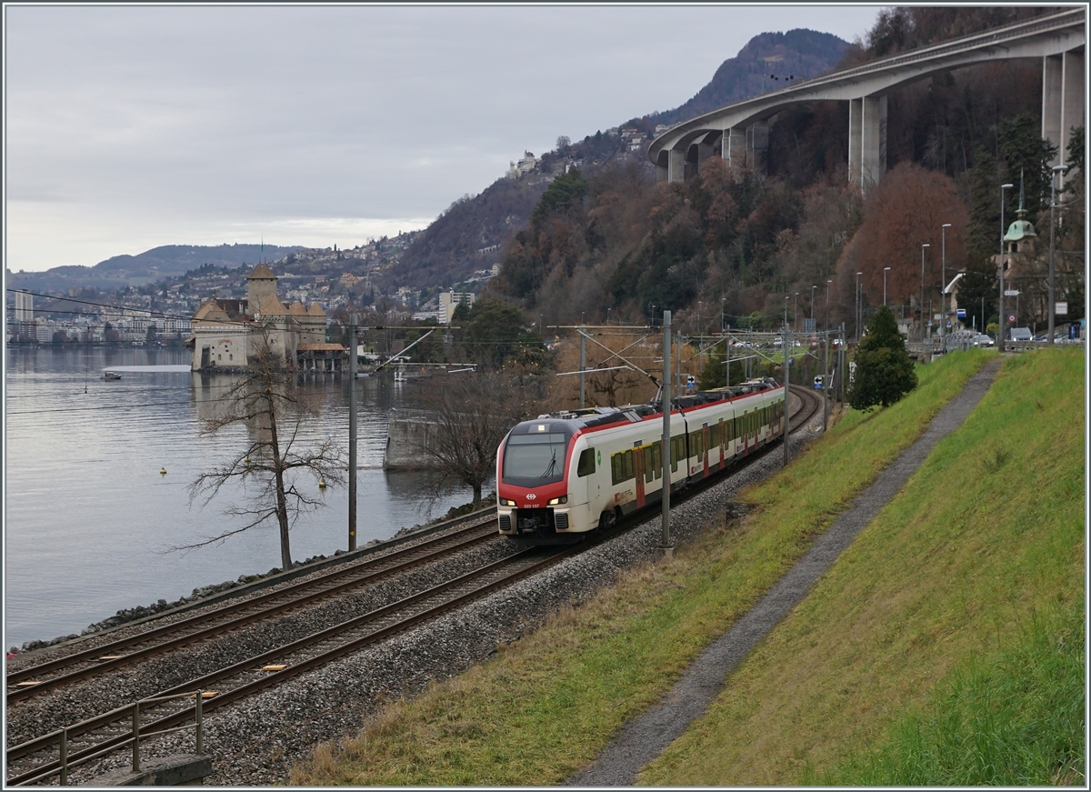 The new SBB Flirt RABe 523 107 on the way to Bex near the Castle of Chillon.

04.01.2022