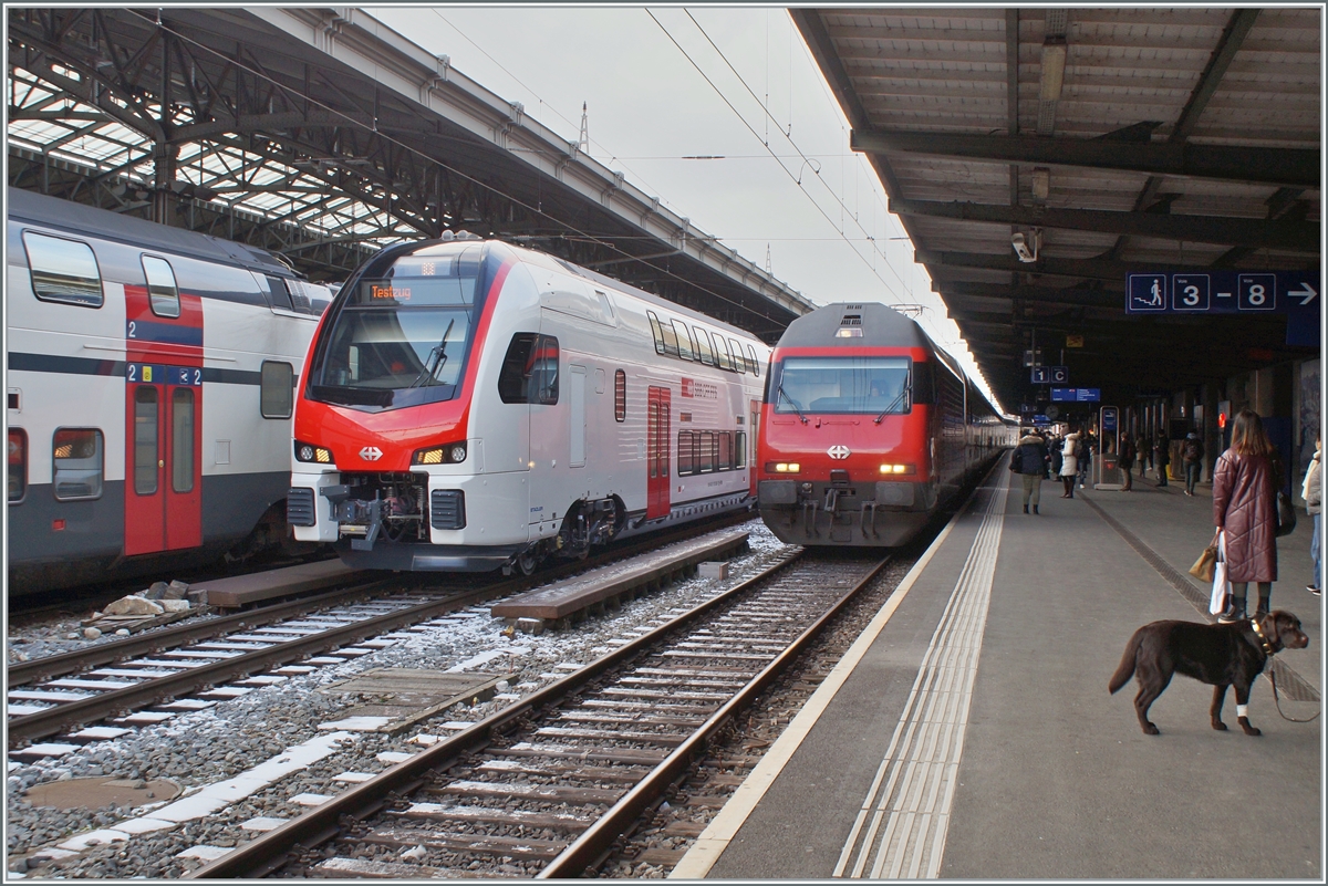 The new SBB RABe 512 008 (94 85 0 512 008-9 CH-SBB) on a test run  and a SBB Re 460 with IR15 on the way to Luzern in Lausanne.

23.01.2023