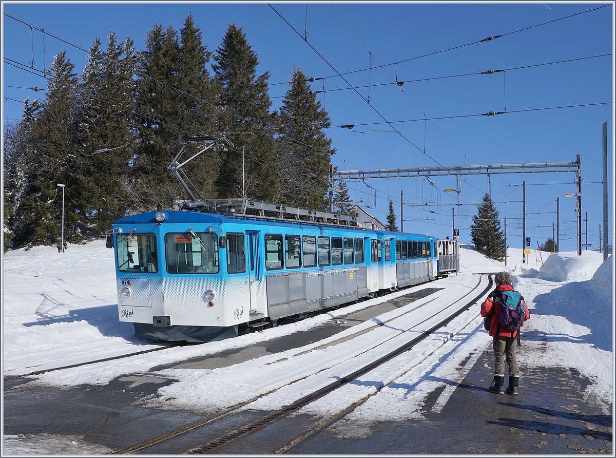 The RB (Rigi Bahnen) BDhe 4/4 15 (1982 SLM/BBC) in Rigi Staffel.
24.02.2018