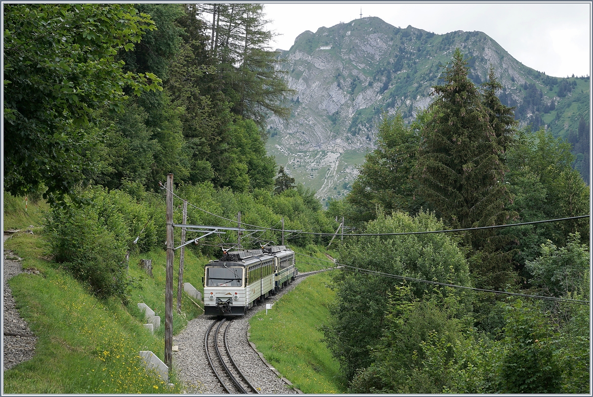 The Rochers de Naye Be 4/8 304 and 305 on the way to the summit by Caux.

24.07.2020