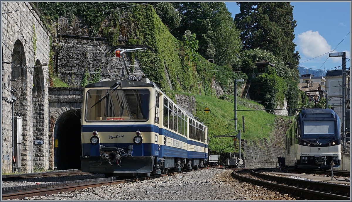 The Rochers de Naye Bhe 4/8 301  Montreux  and the MOB Alpina Abe 4/4 9301 in Montreux. 
13.08.2017