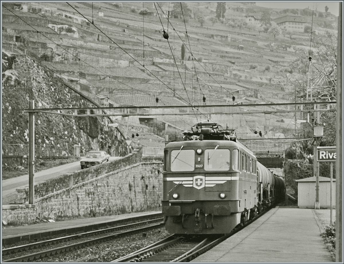 The SBB Ae 6/6 11417 with Cargo Train by Rivaz. 

Analog picture from the spring 1995