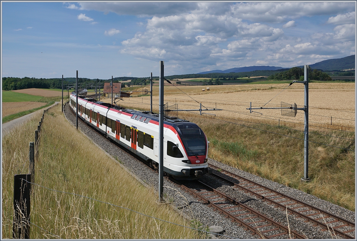 The SBB Flirts RABe 523 059 and 027 on the way from Villeneuve to Vallorbe by Arnex. 

14.07.2020
