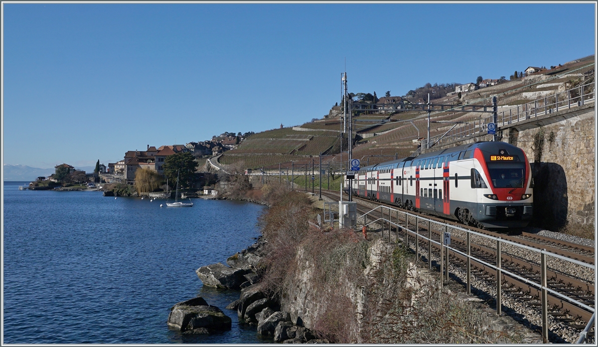 The SBB KISS RABe 511 123 on the way to St Maurice between Rivaz and St Saphorin. 

11.01.2022