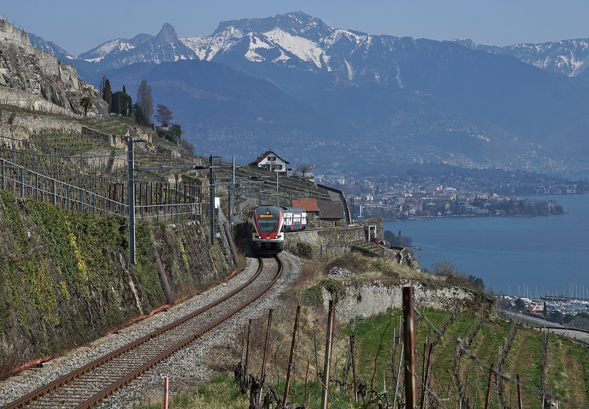 The SBB RABe 511 021 is the IR 30829 on the way from Brig to Geneva-Airport on the vineyarde line between Vevey and Chexbres (works on the line via Cully). 

20.03.2022