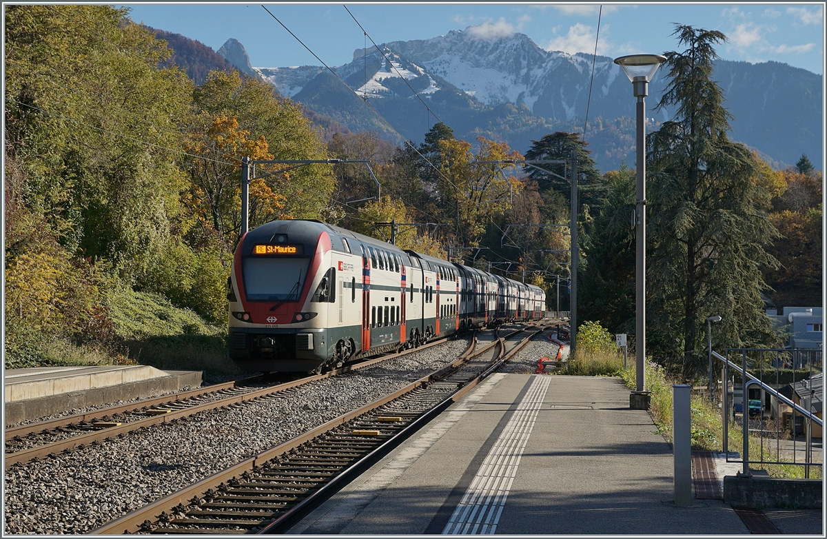 The SBB RABe 511 059 in Burier on the way to St Maurice. In the backgroud the Rochers de Naye. 

08.11.2021