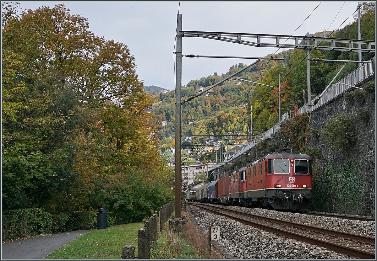 The SBB Re 420 259-9 and an other one with a cargo train by Veytaux-Chillon. 

20.10.2020