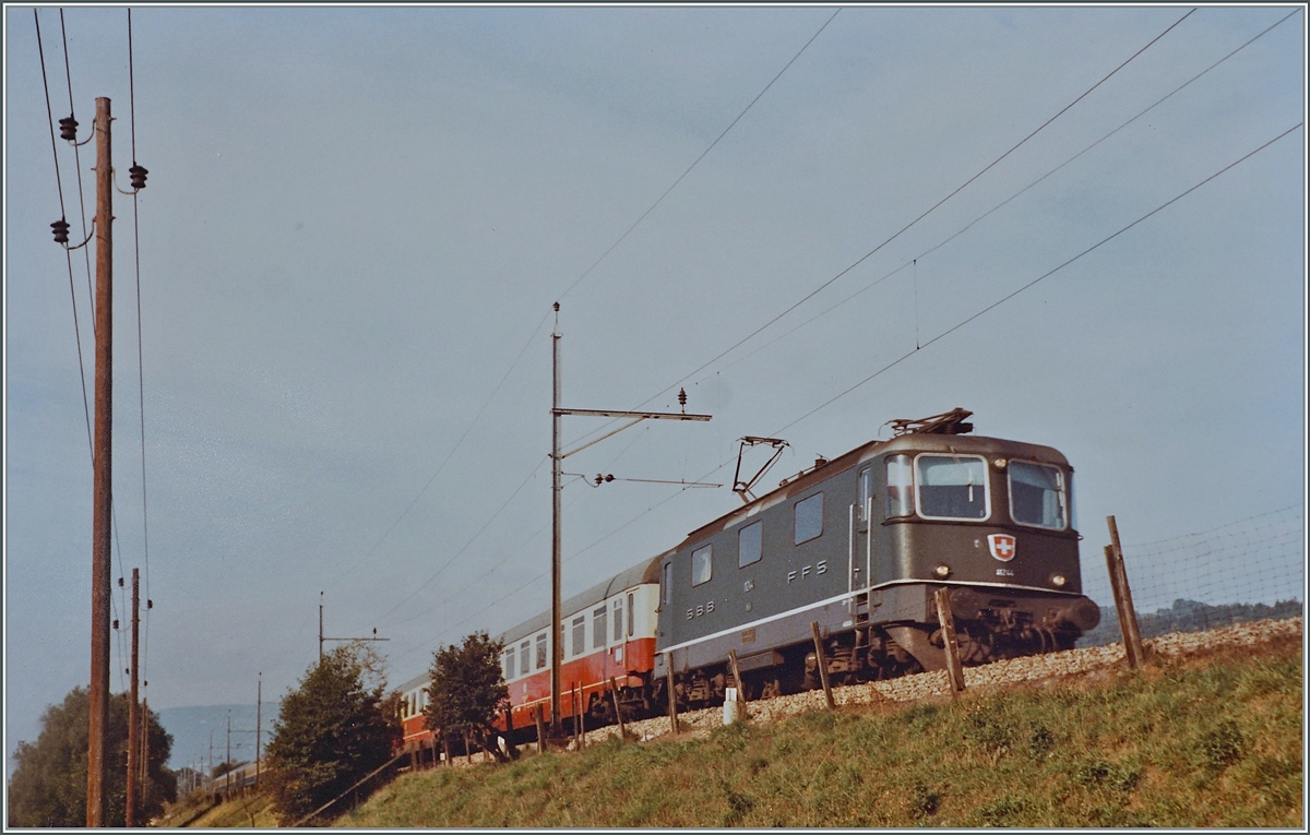 The SBB Re 4/4 II 11244 with the IC Mont Blanc (Cerbère) - Genève - Hamburg between Lengnau and Grenchen Nord. 

analog picture / Sept. 1984