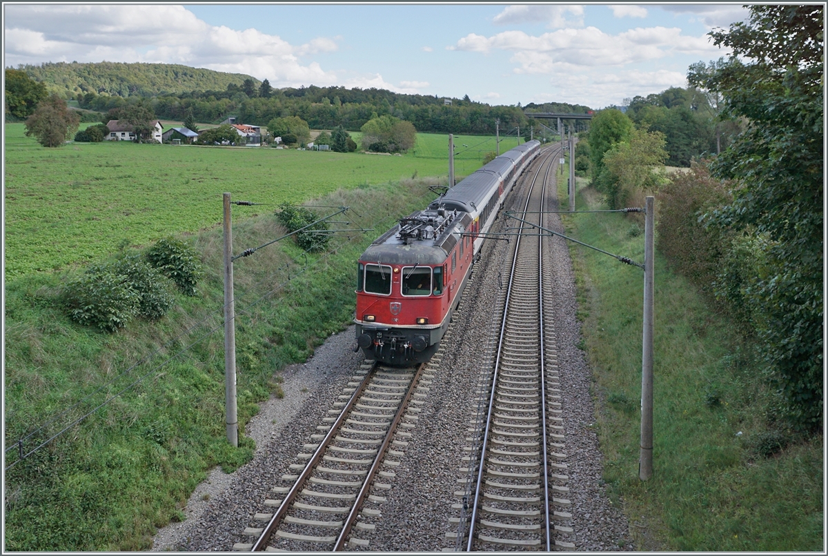 The SBB Re 4/4 II 11301 is on the way to Zurich with an IC shortly before Bietingen.

Sept. 19, 2022