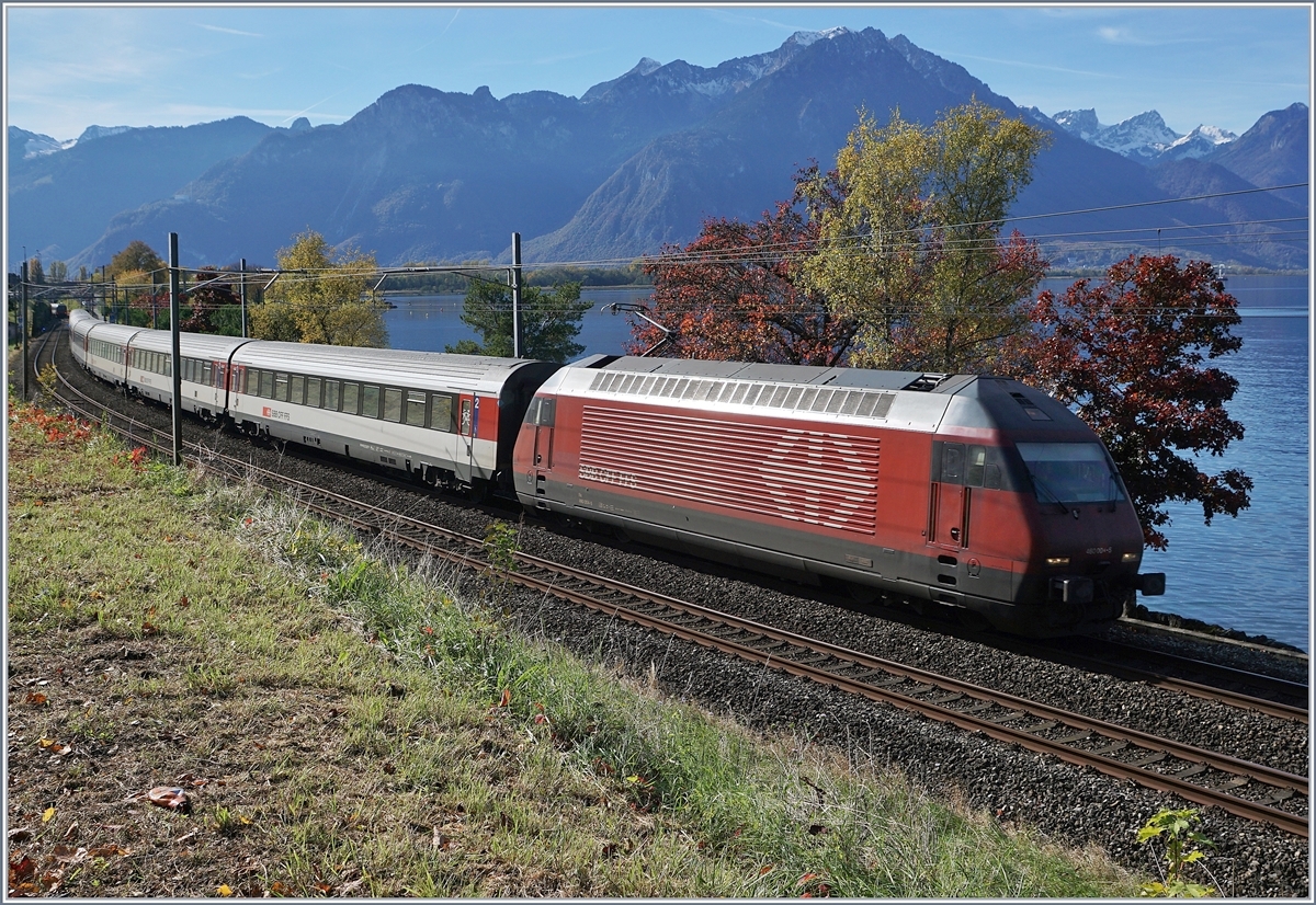 The SBB Re 460 004-5 with an IR on the way to Geneva-Airport near Villeneuve. 

24.10.2017