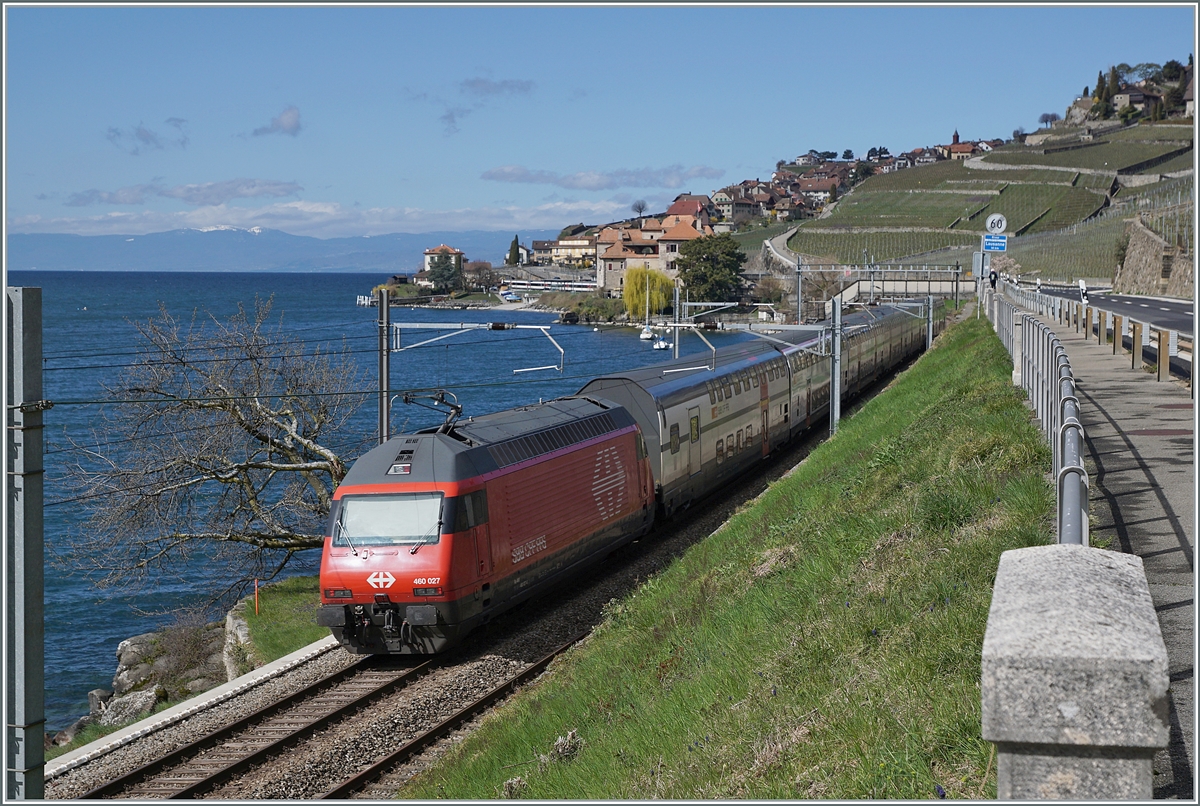 The SBB Re 460 027 with an IR90 near St Saphorin on the way to Geneva Airport. 

27.03.2021