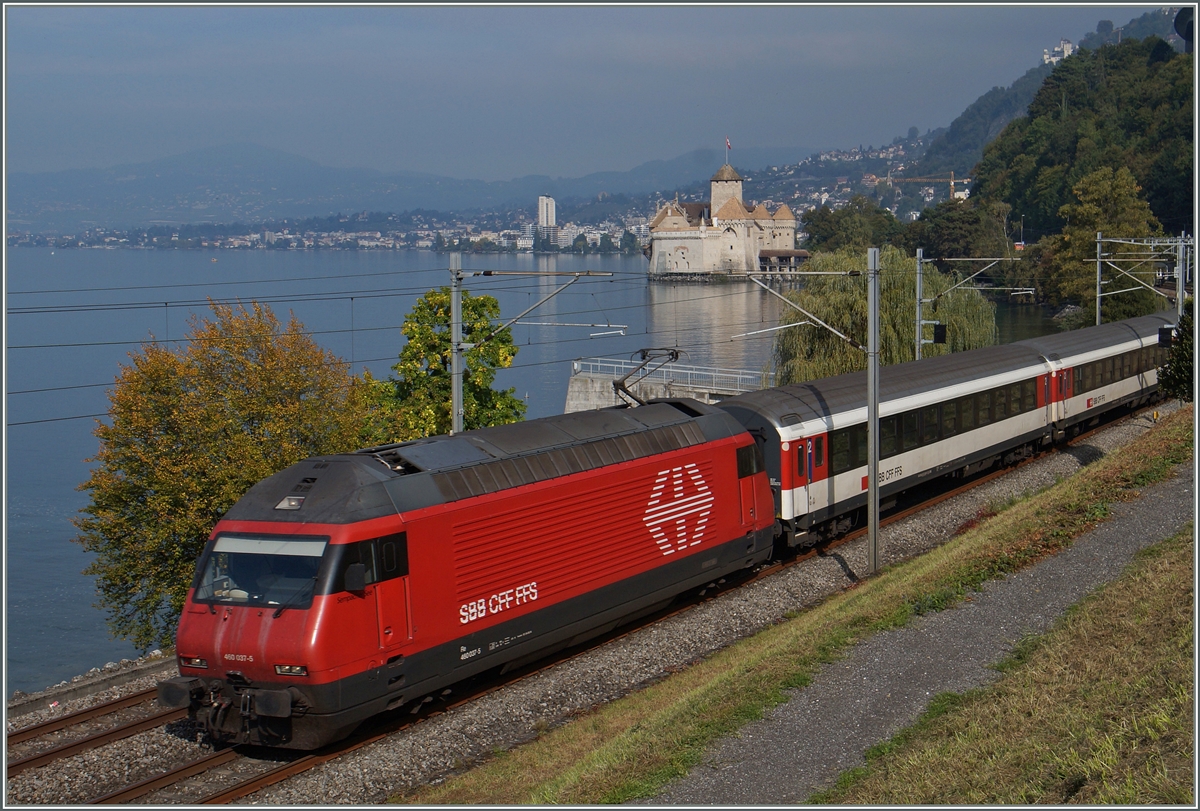 The SBB Re 460 037-5 with a IR to Brig by the Castle of Chillon.
02.10.2015