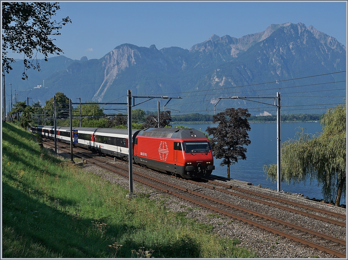 The SBB Re 460 037-5 with an IR to Geneva Airport near Villeneuve.
03.08.2018
