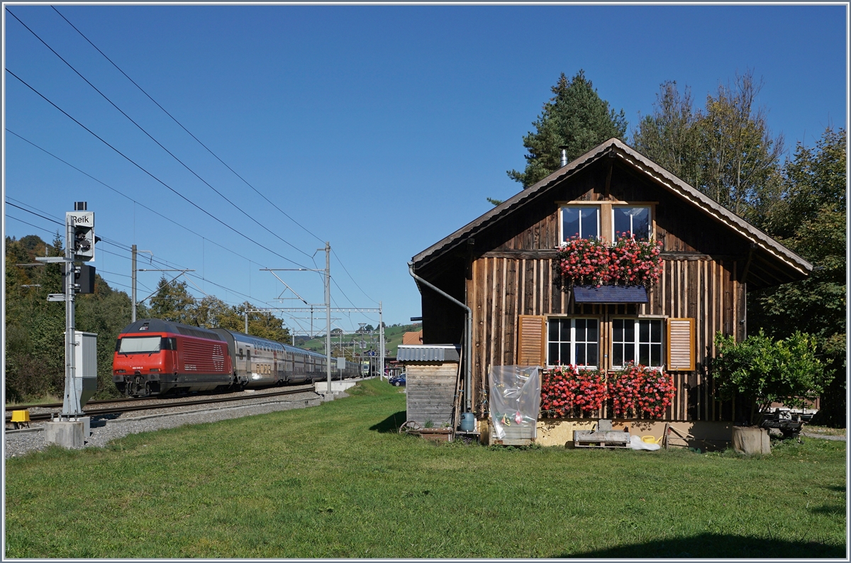 The SBB Re 460 045-8 wiht an IC to Romanshorn by Mülenen .
10.10.2018