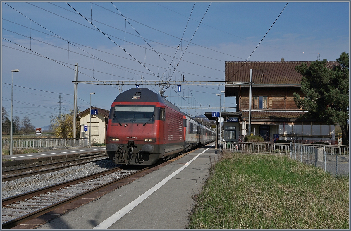 The SBB Re 460 048-2 with an IR90 on the way to Brig in Roches VD. 

17.03.2020