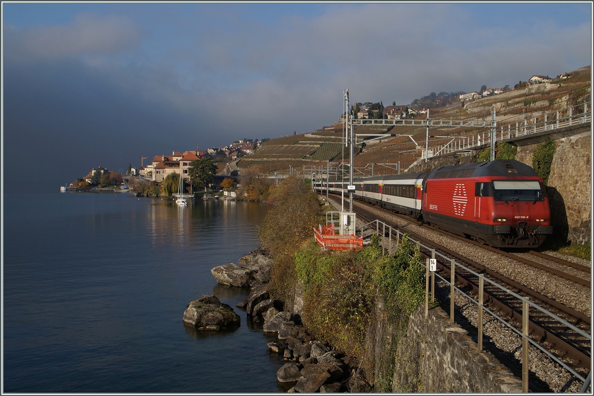 The SBB Re 460 105-8 wiht an IR to Brig near Rivaz.
22.11.2014