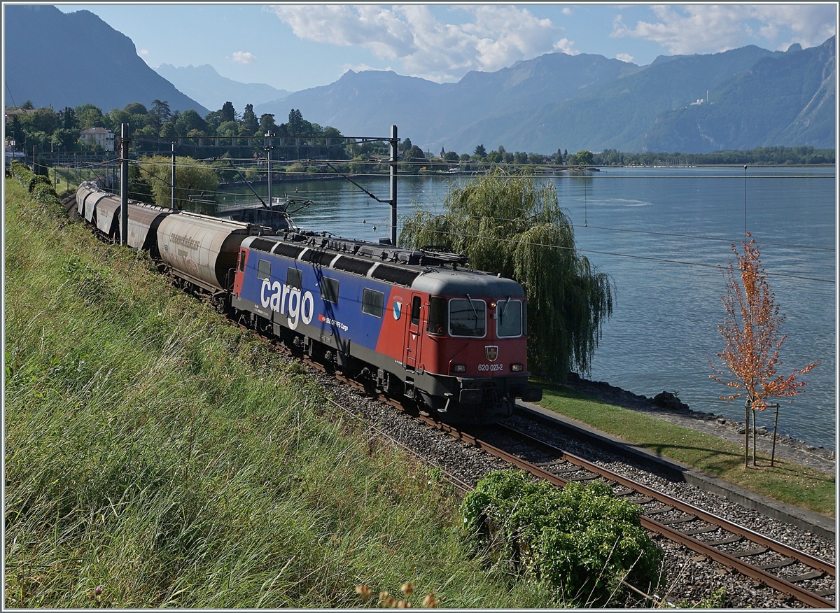 The SBB Re 6/6 11623 (Re 620 023-2)  Rupperswil  with Cargo Service near Villeneuve.

07.09.2021